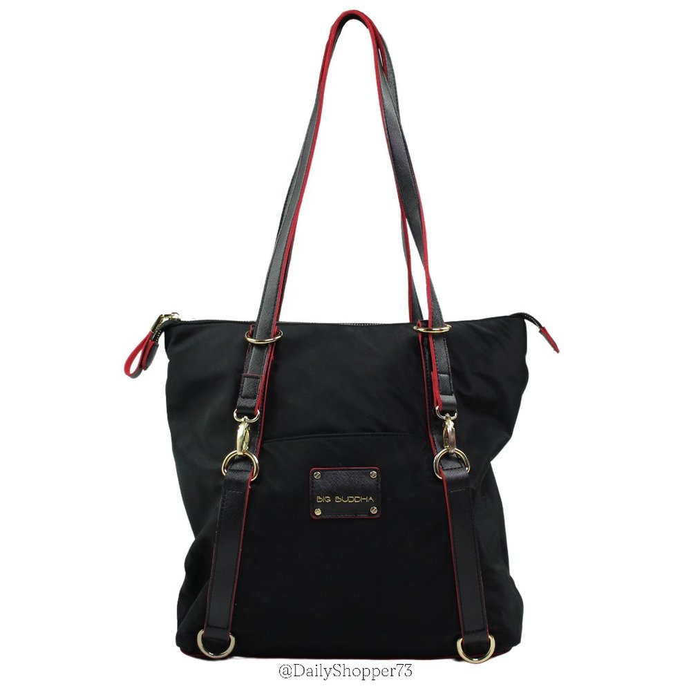 Big Buddha Women's Black "Luke" Nylon Faux Leather Convertible Tote Bag Backpack